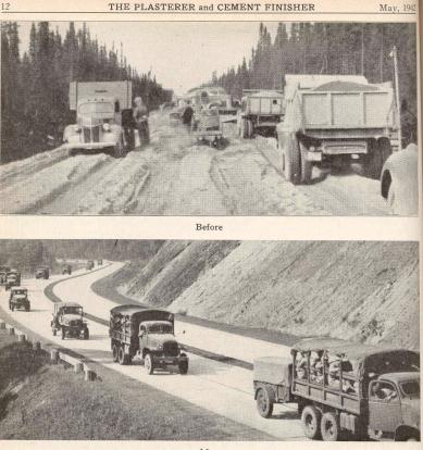 A clipping from a newspaper showing a road before and after it was paved.